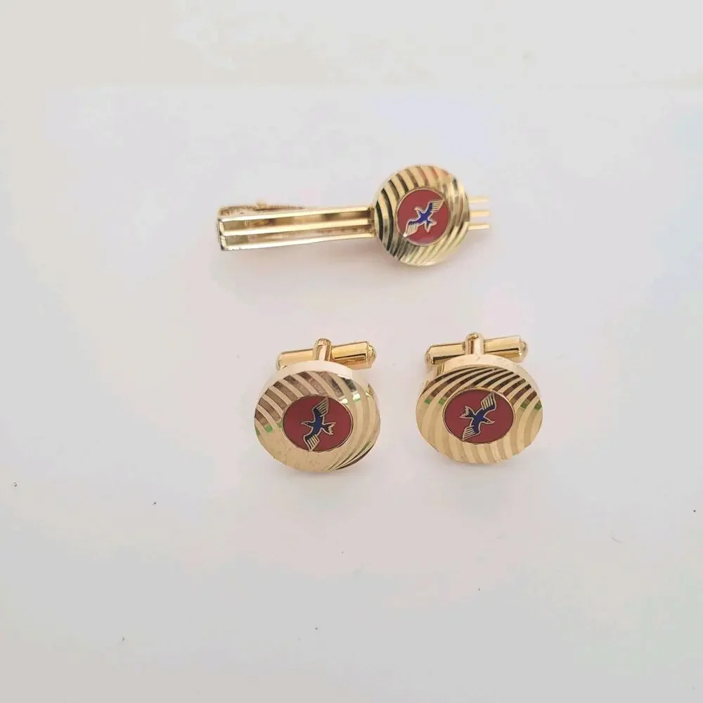 Unbranded Bar Clip‎ Cufflinks Set Gold Red Tone Round Bird Eagle?